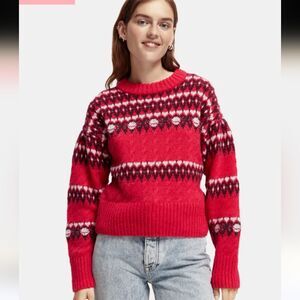 NWT Scotch & Soda Cable knit Fair Isle red wool alpaca sweater pullover size XL